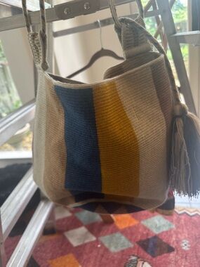 Striped Woven Shoulder Bag in Blue, Mustard & Cream